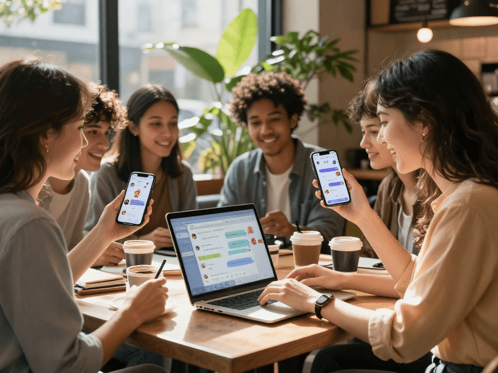 Users enjoying hentai AI chat in an urban coffee shop, engaging with interactive technology.