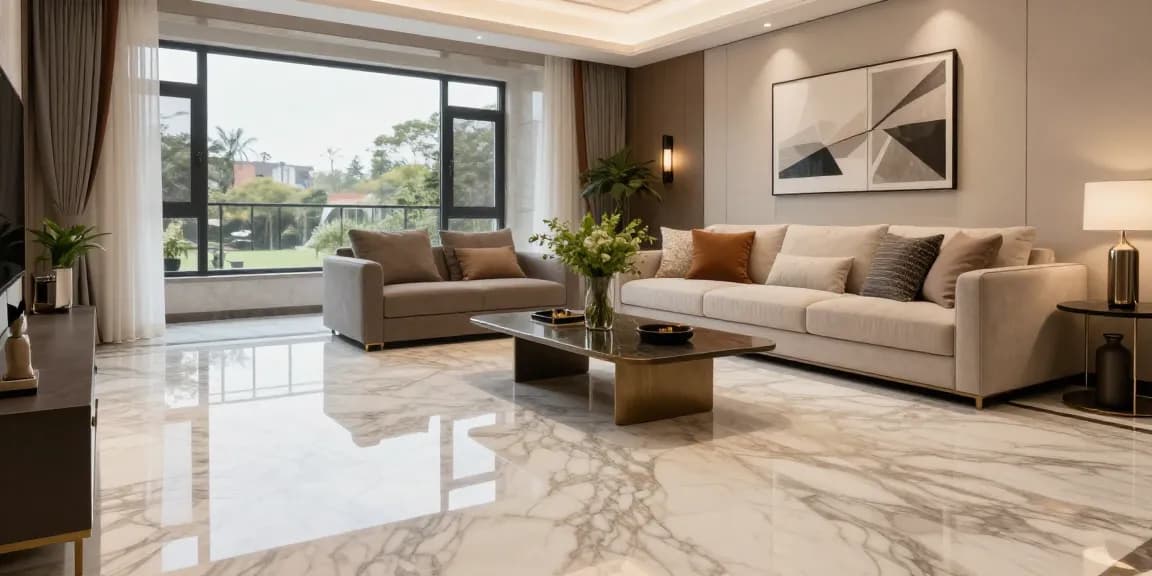 Luxurious interior with NAGA2000 marble flooring, stylish decor, and natural lighting in an elegant living room.