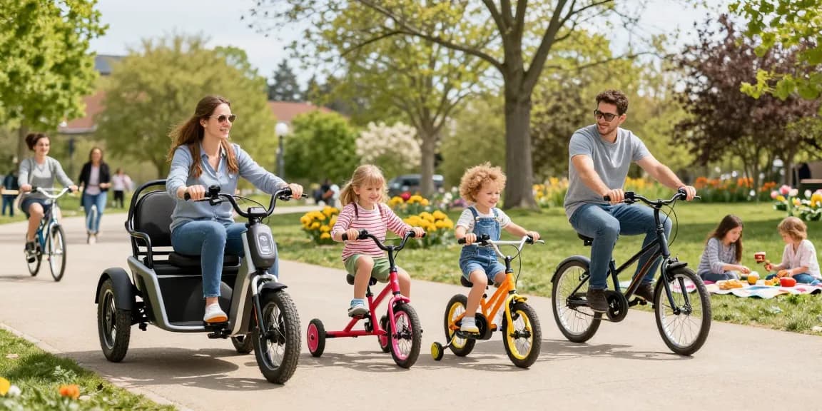 Tricycles in action at a park, showcasing electric and kids' models in a lively community setting.