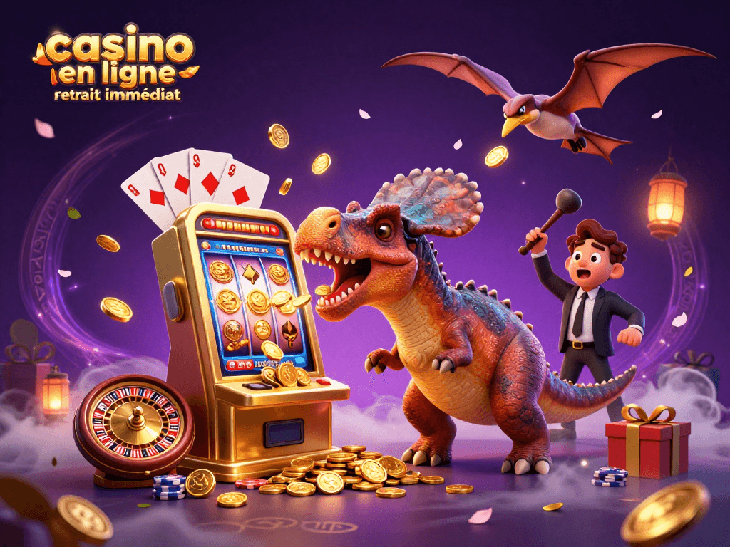 Visualisez le casino en ligne retrait immédiat avec un dinosaure remportant des pièces d'or d'une machine à sous.