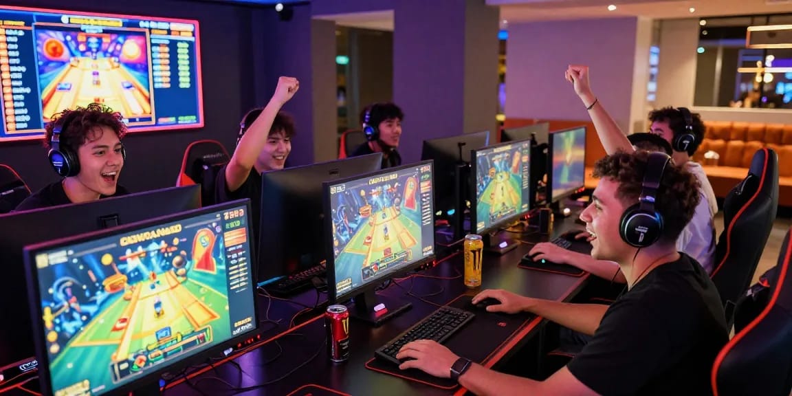 Players enjoying CIKA4D digital slots in a lively gaming environment with colorful screens and accessories.