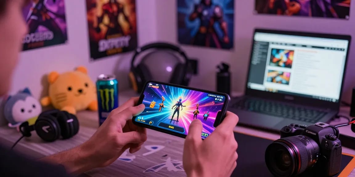 Exciting moment of a player engaged in a sissy porn game on a mobile device in a cozy gaming environment.