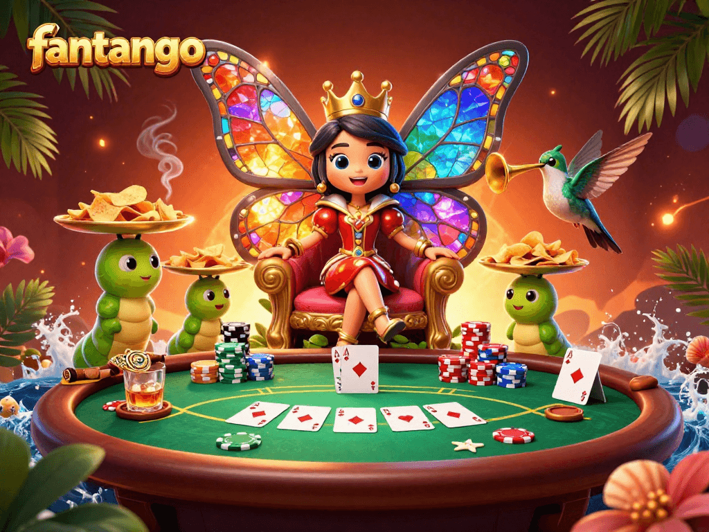 Experience the thrill of fantango with colorful casino elements in a lively 3D illustration.