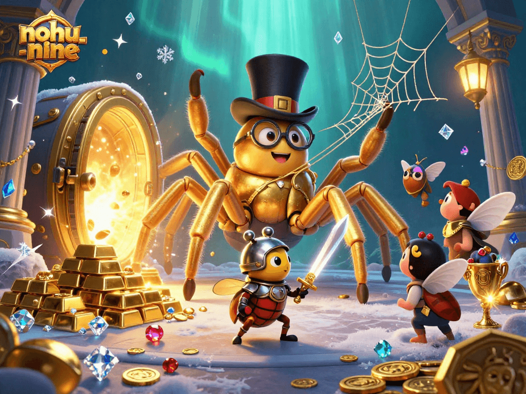 Engage in thrilling gameplay with nohu-nine, as a giant golden tarantula spins luck amidst treasures of the casino.