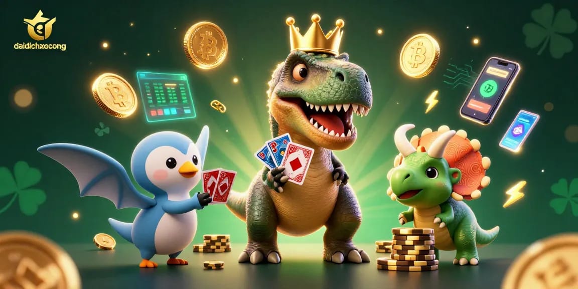 Engage with daidichxacsong, a lively scene displaying a T-Rex shuffling cards while a pterodactyl assists, and a triceratops stacks chips.