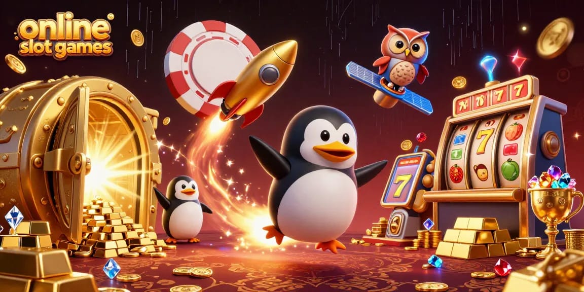 Experience the thrill of online slot games with a golden penguin and enchanted casino elements.