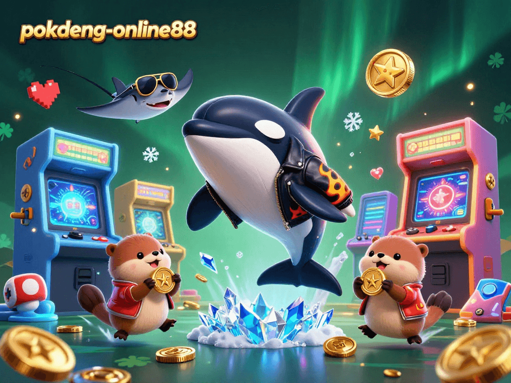 Experience excitement with pokdeng-online88 as a cartoon orca, stingray, and otters celebrate winnings in a vibrant casino.