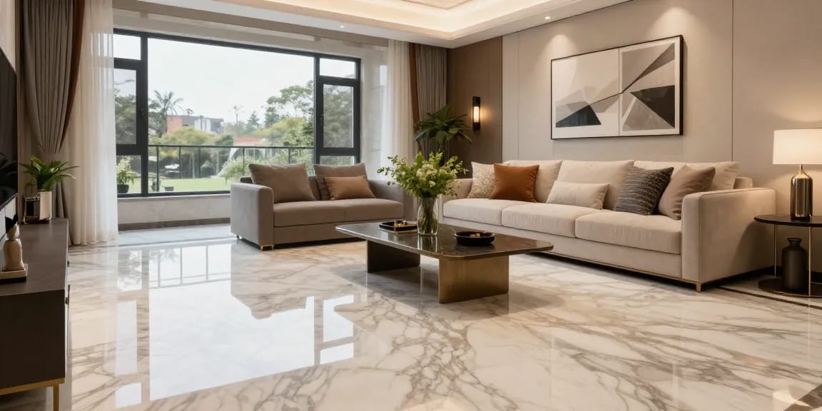 Luxurious interior with NAGA2000 marble flooring, stylish decor, and natural lighting in an elegant living room.