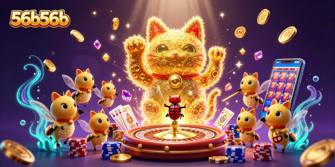 56b56b ilumina o mundo dos jogos de cassino com uma ilustração vibrante de um gato da sorte.