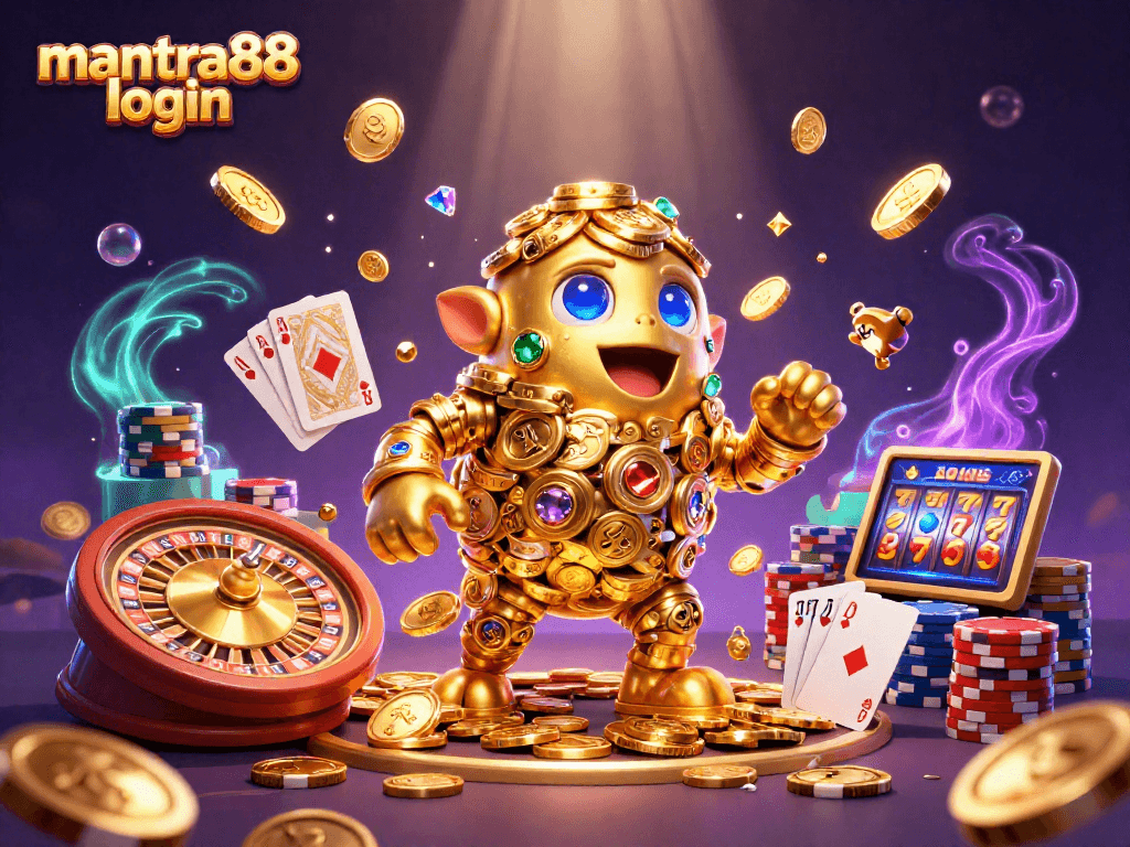 Experience exciting gaming with mantra88 login, featuring a golden golem and vibrant casino elements.