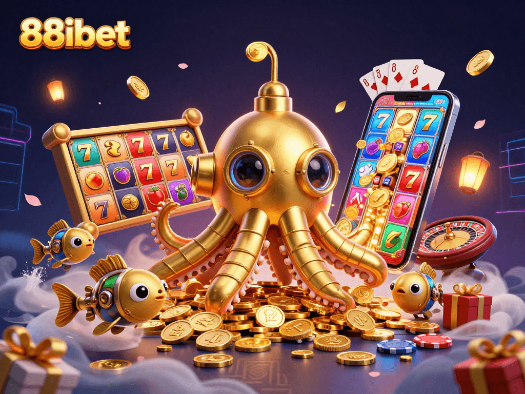 Spin vibrant slot reels with 88ibet's golden kraken submarine and cascading coins in a stunning scene