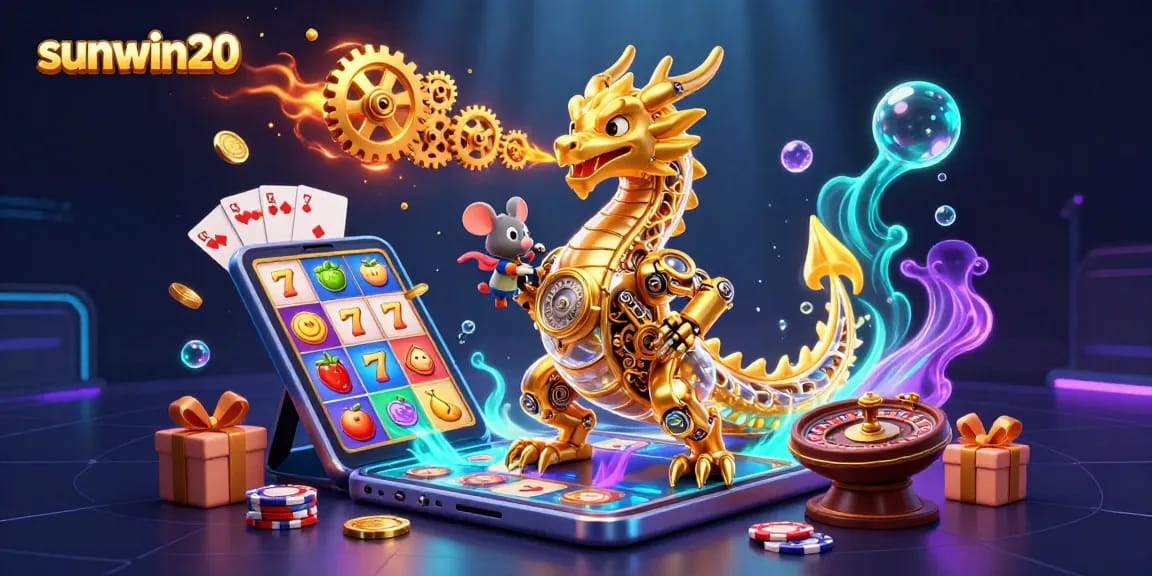Engage with sunwin20's vibrant casino scene featuring a golden dragon and live games.