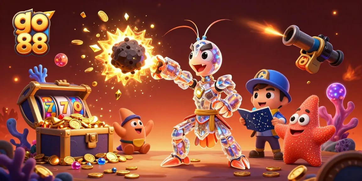 Engage with go 88 in this vibrant scene featuring animated gambling elements like slot reels and treasures.