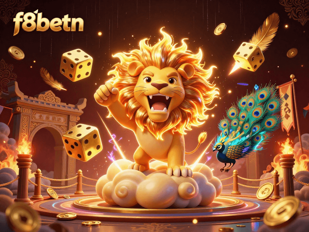 Gamblers embrace excitement at f8betn with a dynamic scene of a roaring sun lion amidst vibrant casino elements.