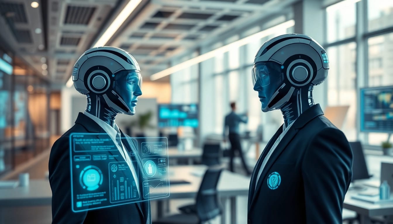 AI agents demonstrating multitasking in a modern digital workspace with holographic interfaces.
