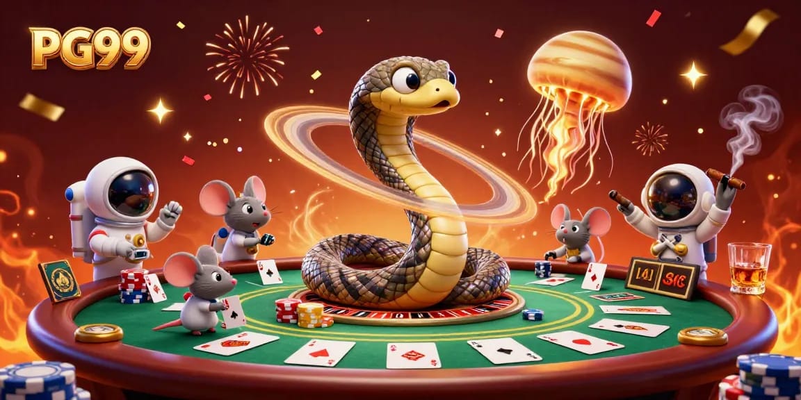 Experience the excitement of PG99 with a dynamic casino scene featuring a Saturn ring snake and astronaut mice betting on a cosmic roulette wheel.