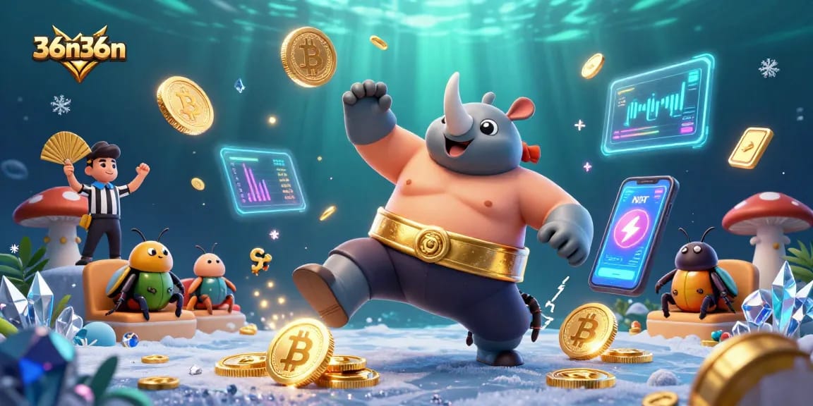 Engage with 36n36n's vibrant crypto-themed casino scene featuring a sumo beetle champion.