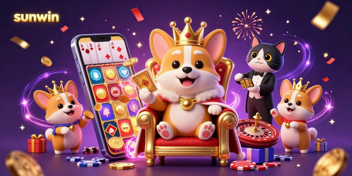 Spin and win with the sunwin royal corgi in this dynamic casino adventure illustration.