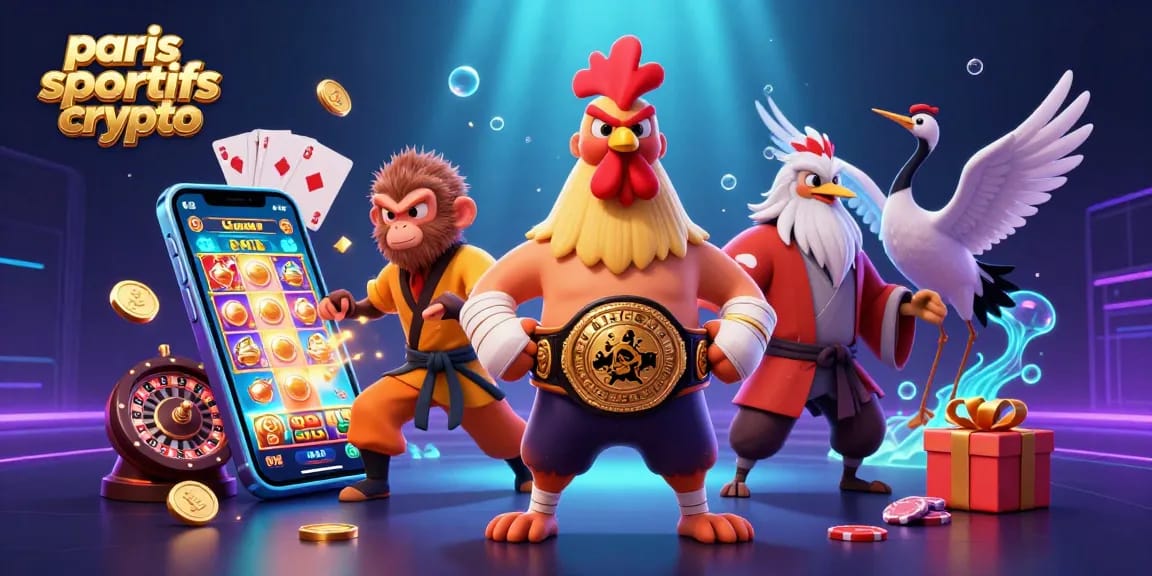 Parier avec des paris sportifs crypto sur une plateforme moderne illustrée par un coq de Muay Thai, une grenouille Shaolin et un maître grue.