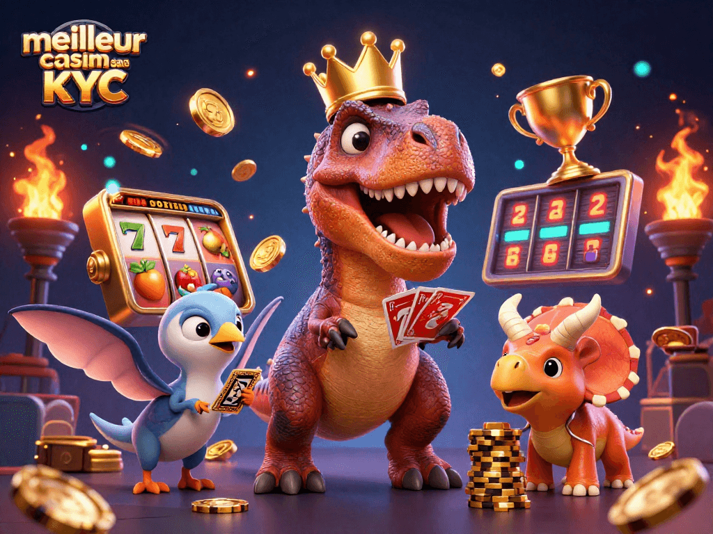 Jouer et gagner au meilleur casino sans KYC avec des personnages de dinosaures et des éléments de machines à sous.