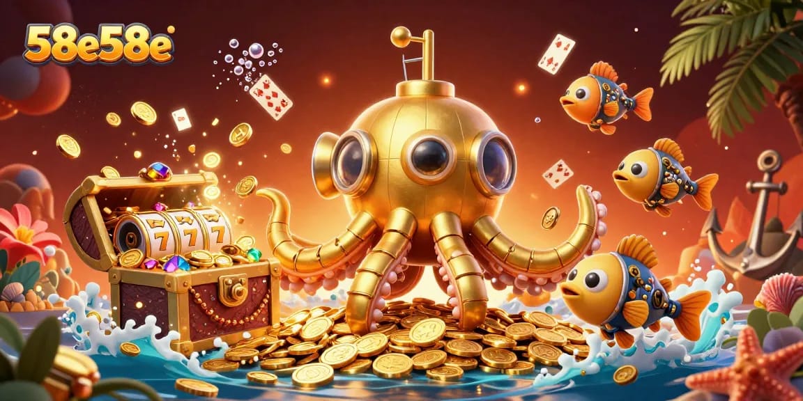Experience thrilling wins with 58e58e in a vibrant underwater casino adventure featuring a golden kraken and slot reels.