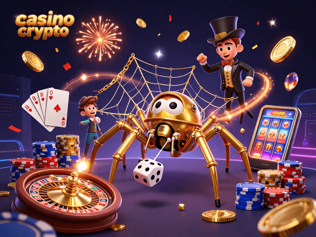 Jouez dans un casino crypto avec une illustration dynamique d'une araignée dorée steampunk et des éléments de jeu excitants.