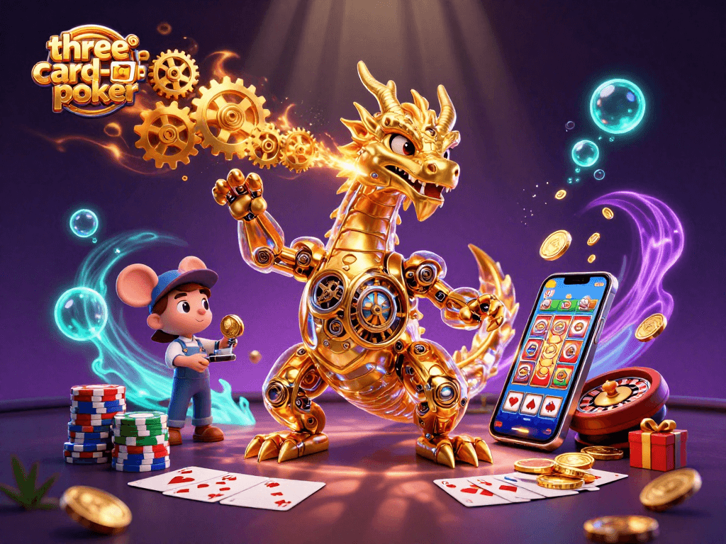 Engage with three-card-poker action featuring a dragon and playful elements in this vibrant scene.