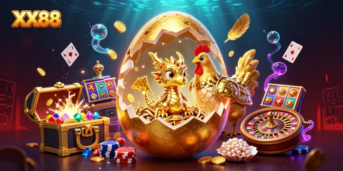 Join the fun at XX88 with golden treasures, poker chips, and dynamic gaming excitement.