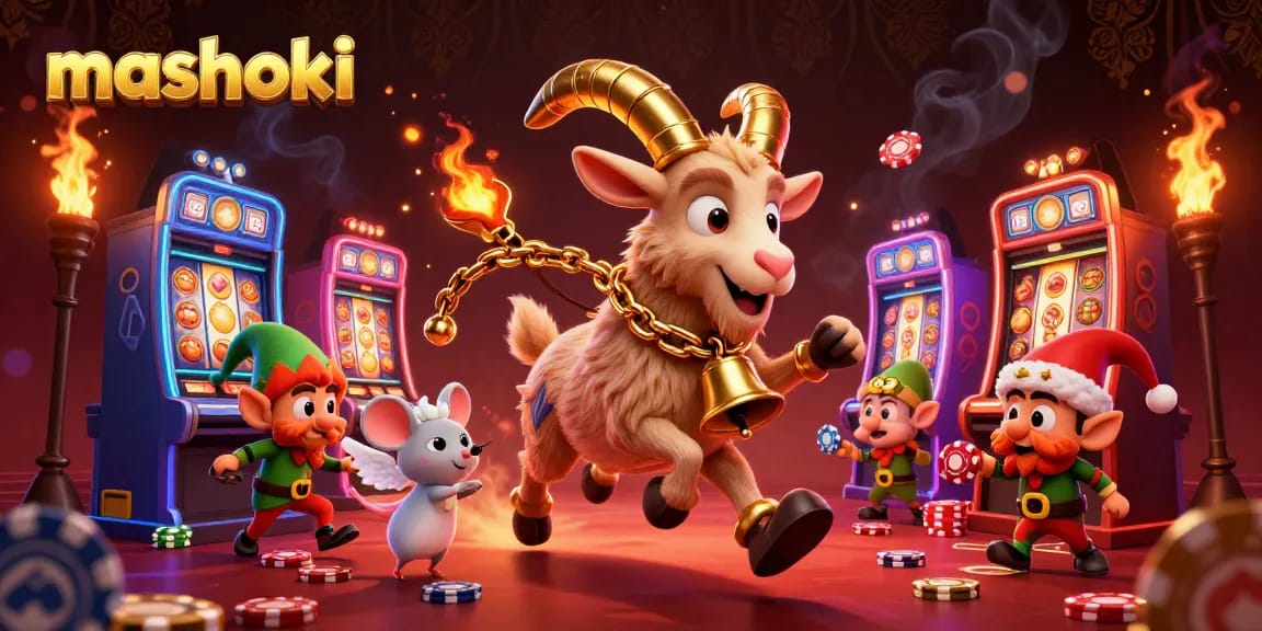 Engage in exciting mashoki casino gameplay with Krampus, an angel mouse, and mischievous elves.