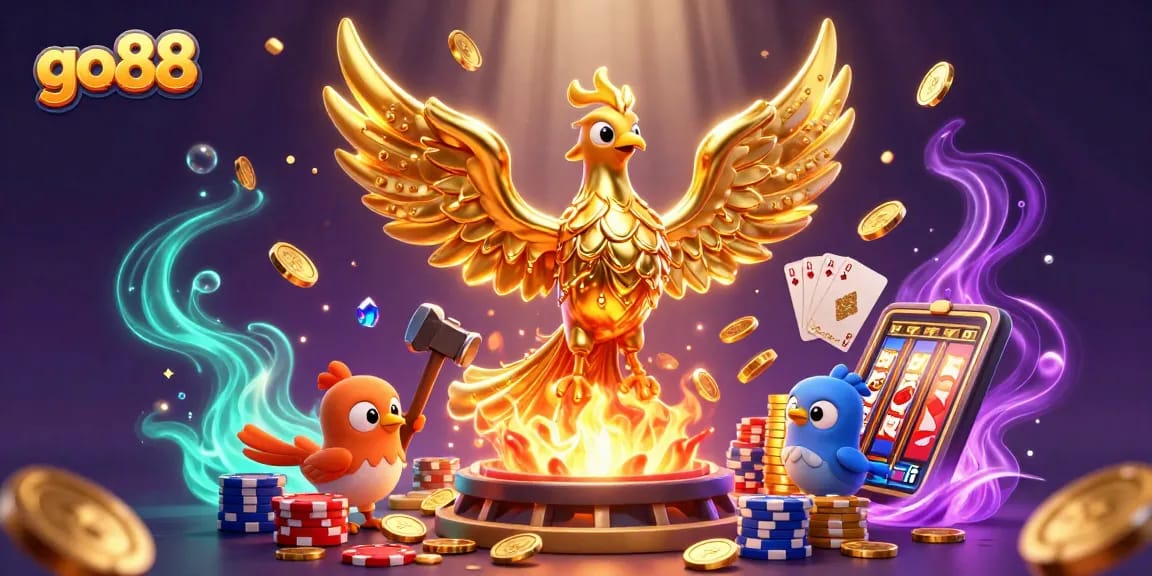 Experience thrilling wins with go88 while mystical phoenixes and golden coins swirl in a vibrant casino scene.