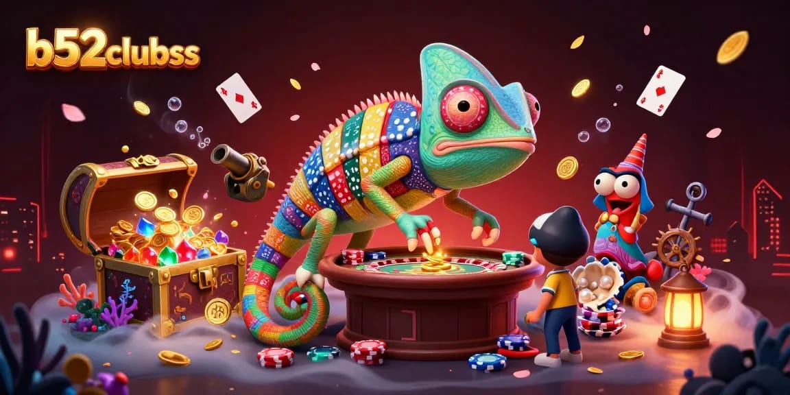 Play exciting games at b52clubss with our vibrant casino scene featuring a chameleon owner!