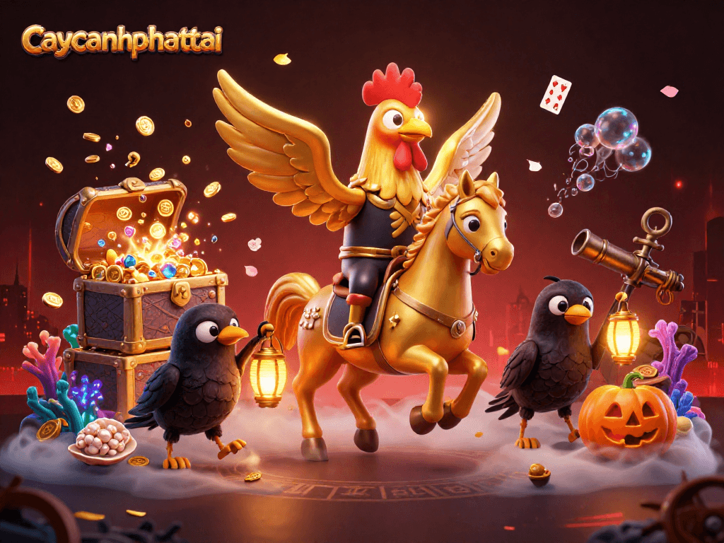 Engage in the thrilling game experience of caycanhphattai with a vibrant 3D illustration showcasing gold treasures and mystical elements.