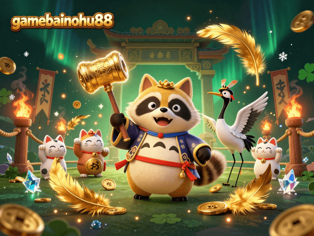 Engage in thrilling action at gamebainohu88 with a vibrant scene featuring tanuki characters and dynamic casino elements.