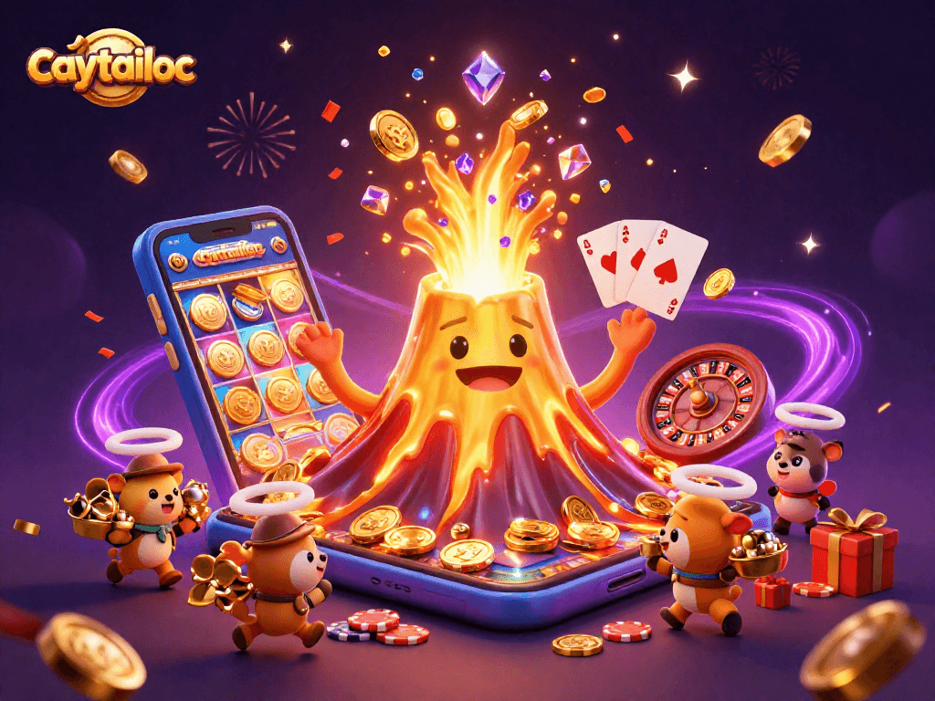 Experience caytailoc excitement with a golden volcano, treasure, and a vibrant slot game atmosphere.