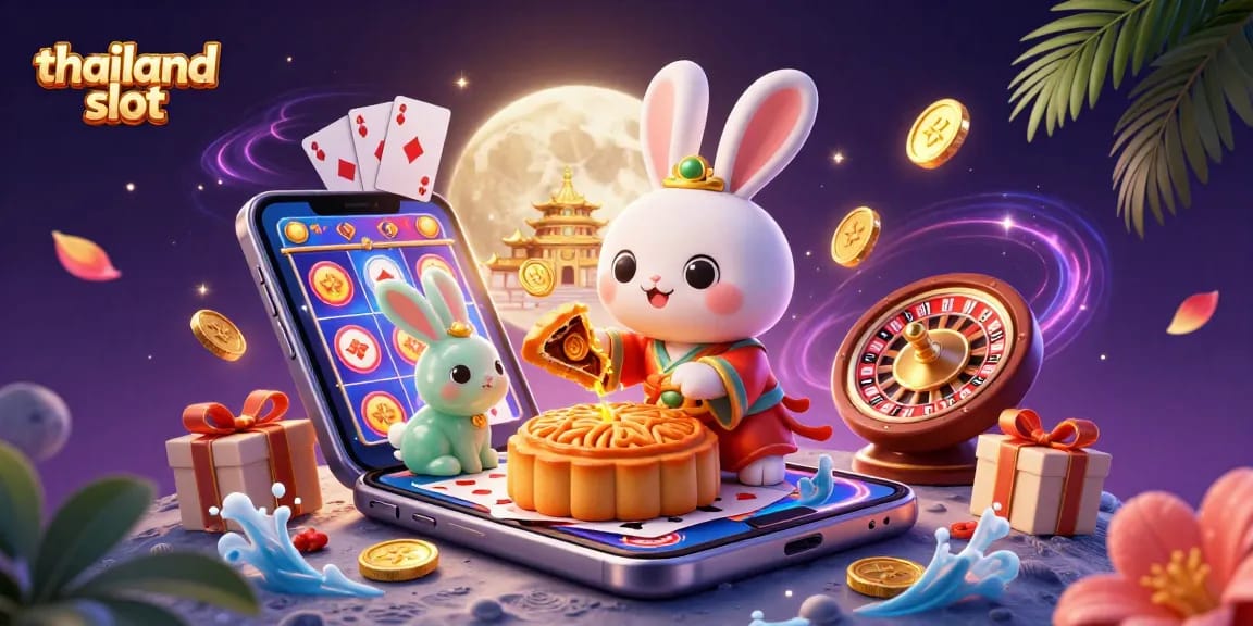 Experience the excitement of thailand slot with a vibrant 3D scene featuring a moon rabbit and dynamic casino elements.