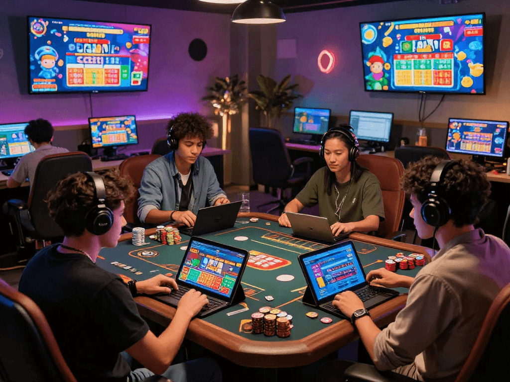 Engaged players enjoying togel online games in a lively virtual setting, surrounded by digital displays and gaming decor.