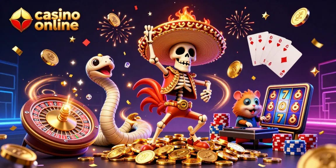 Celebrate casino online fun with a vibrant scene featuring a rooster, mummy snake, and DJ hamster.