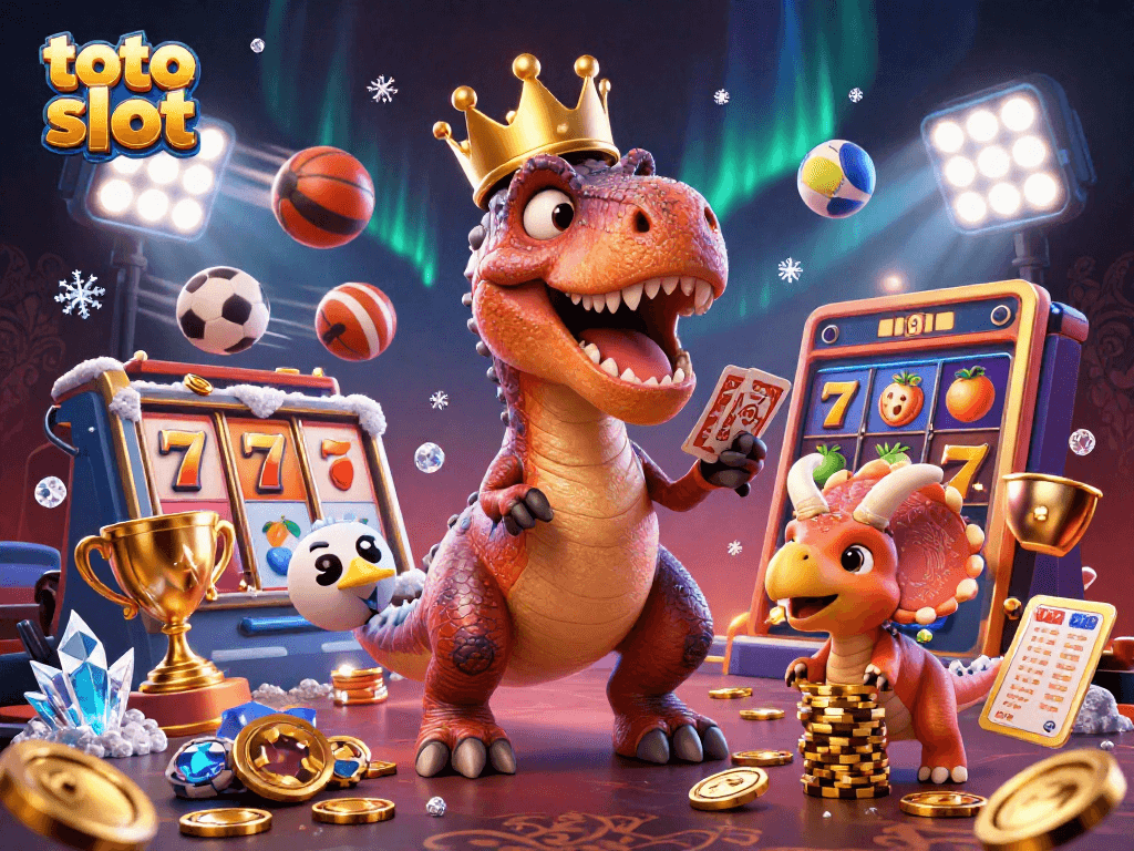 Slot toto slot menampilkan T-Rex berkartu, assisten pterodactyl, dan Triceratops tumpukan chip emas.