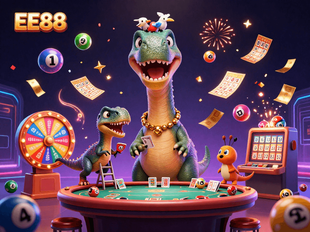 Experience the excitement of EE88 with a vibrant 3D scene featuring casino elements and animated characters.