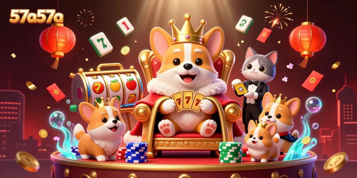 Ocorra no cassino 57a57a com o corgi real cercado por fichas de poker e símbolos da sorte.