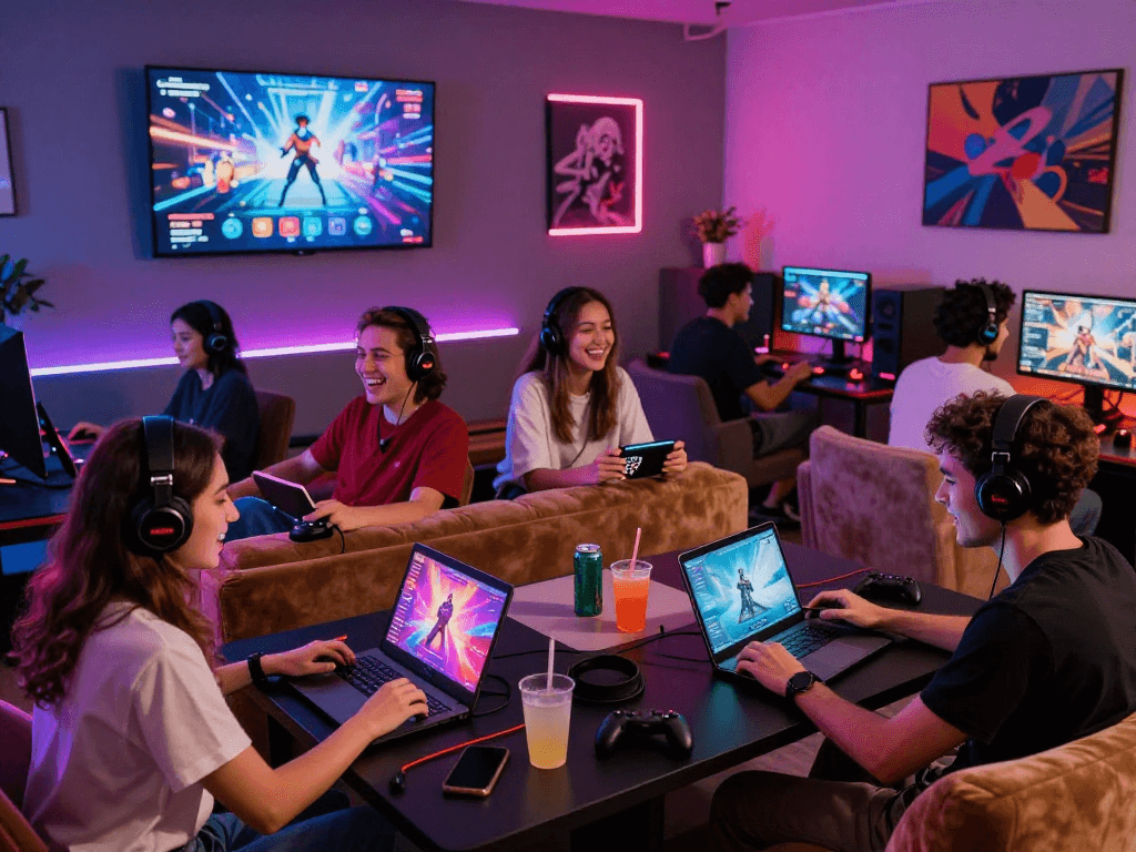 Friends enjoying engaging sex games online in a vibrant lounge setting, highlighting modern gaming culture.
