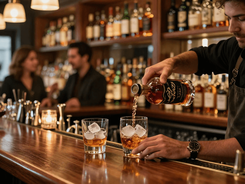 Enjoying Weller Antique 107 bourbon in a sophisticated bar setting with premium liquors.