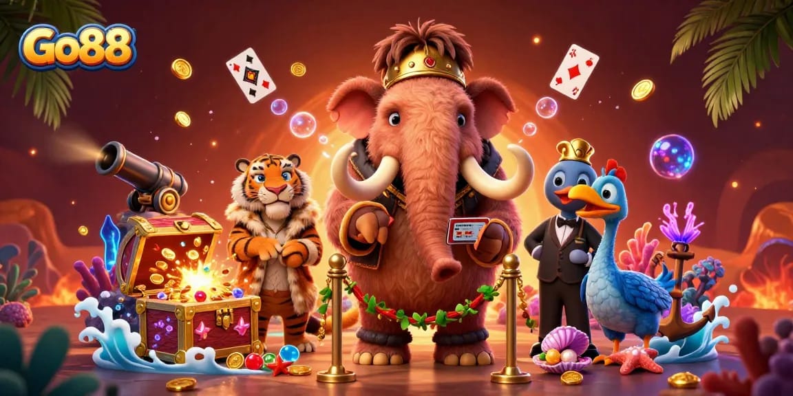 Join the fun at Go88 with a charming woolly mammoth bouncer, vibrant casino elements, and dynamic underwater treasures.