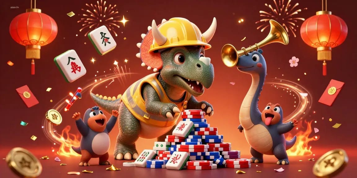 Engage with pappu-nohu as a triceratops builds poker chips and celebrates a winning moment.