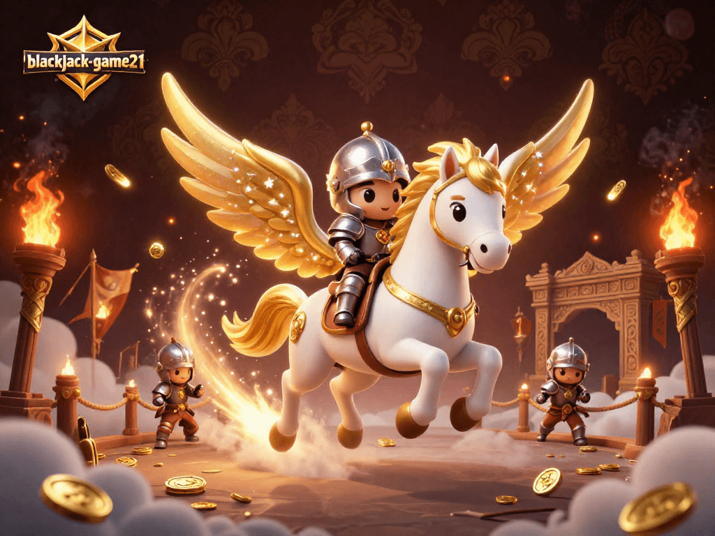 Engage in thrilling blackjack-game21 action with a celestial horse and knight in a dynamic casino arena.