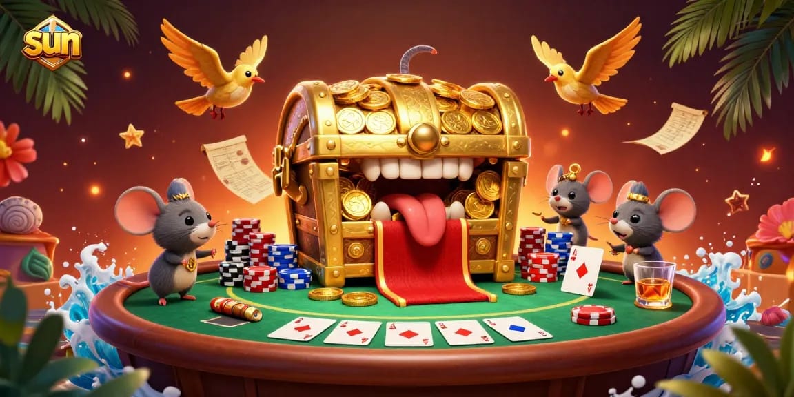 Engage with the sun-themed casino games featuring an extravagant treasure chest and poker elements.