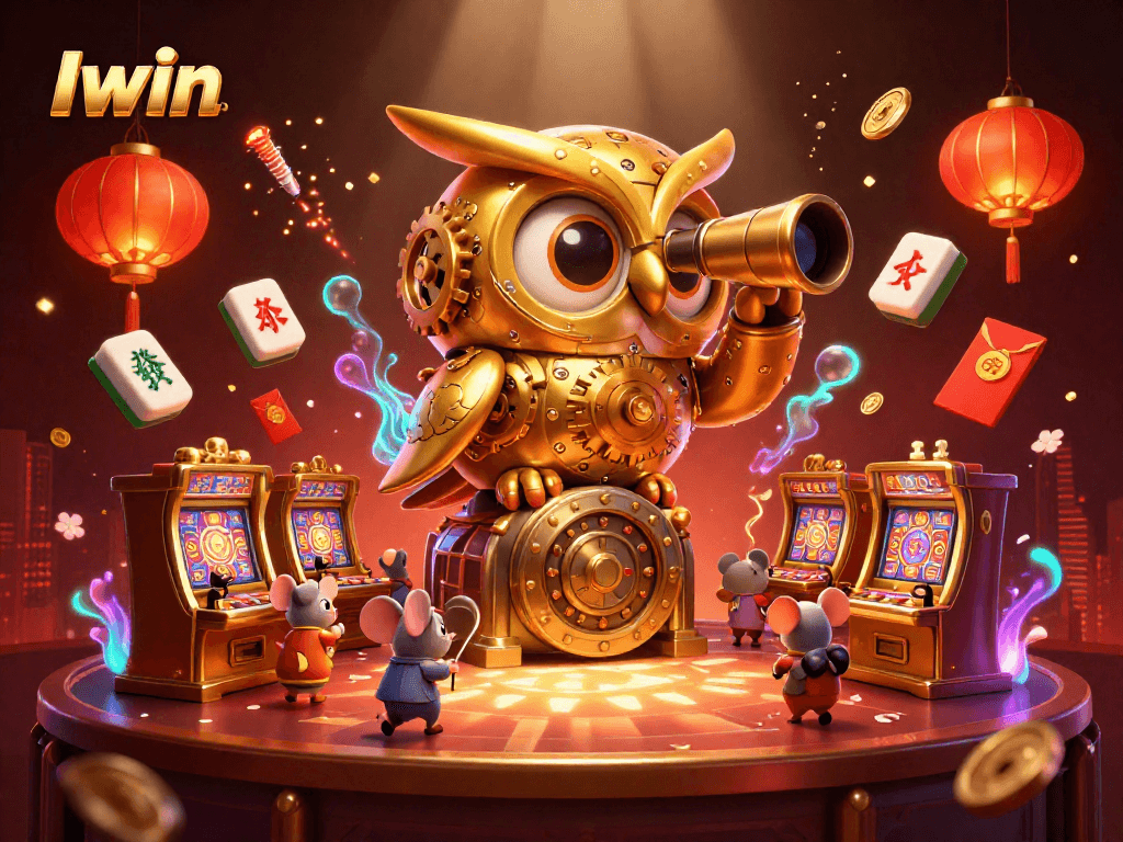 Iwin casino scene featuring a clockwork owl and lively mouse patrons among vibrant gaming elements