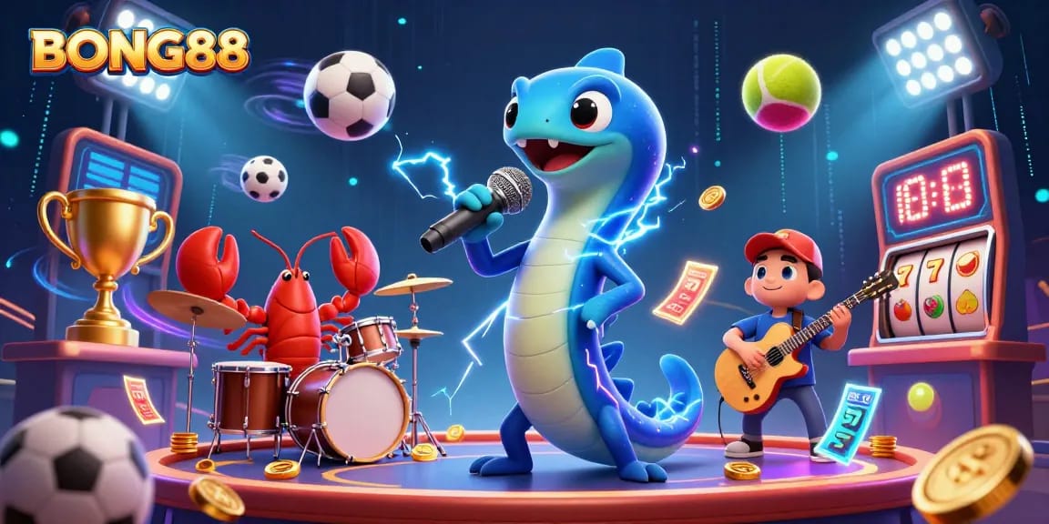 BONG88 showcases vibrant underwater casino scene with dynamic DJ eel, lobster drummer, and seahorse guitarist.