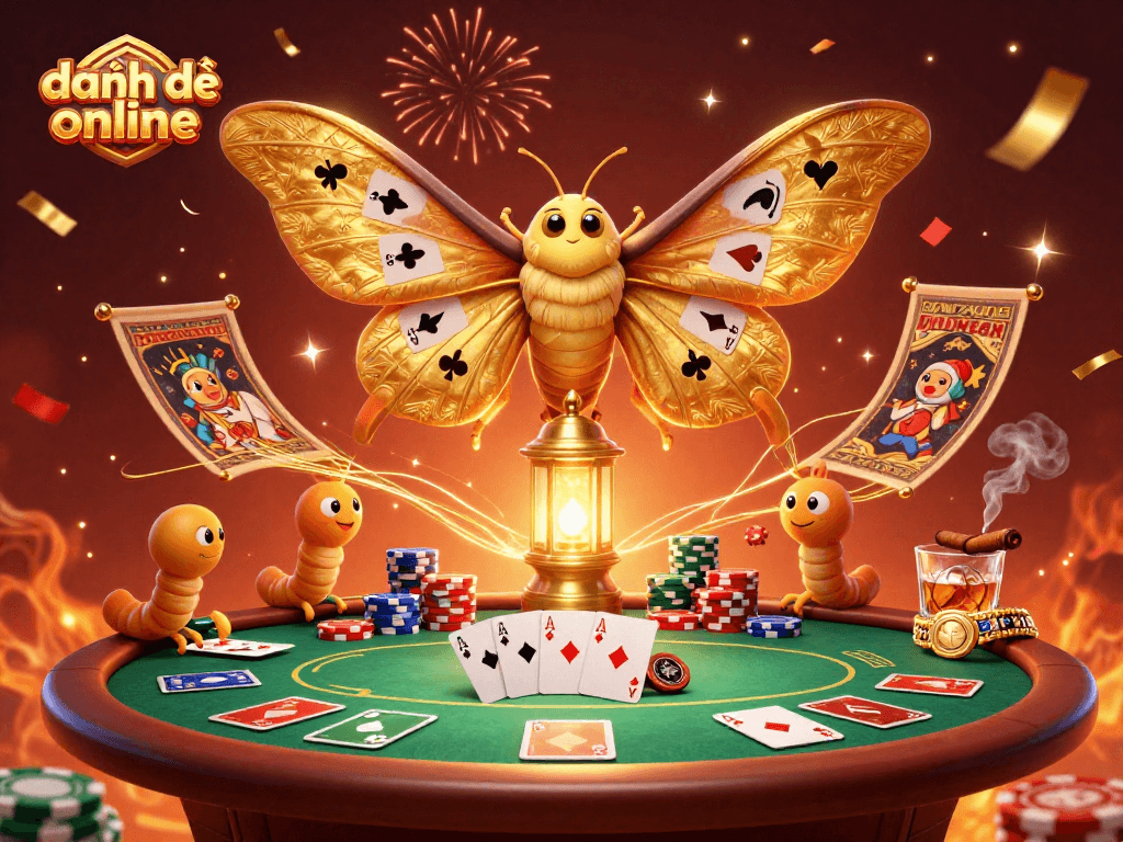 Win big in đánh đề online with a 3D scene of vibrant casino elements and a majestic atlas moth.