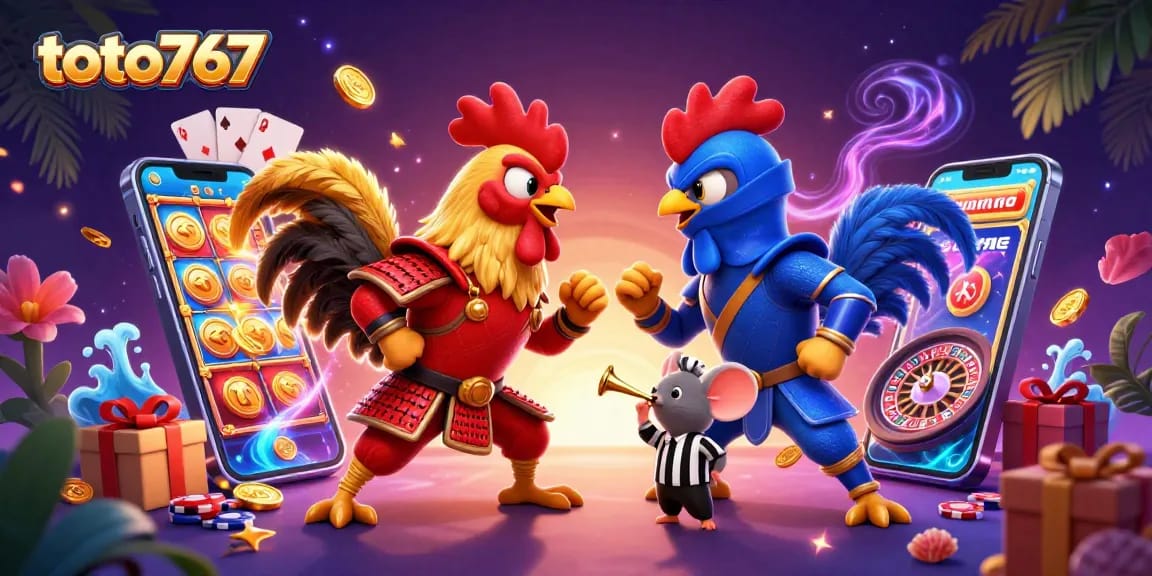 Mengalami ketegangan pertarungan ayam di toto767, saat ayam samurai merah dan ninja biru bersaing dalam permainan slot yang seru.